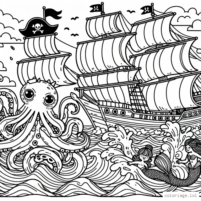 Un bateau pirate navigue sur des vagues tumultueuses tandis qu'un gentil kraken partage son trésor avec des sirènes amusées.
