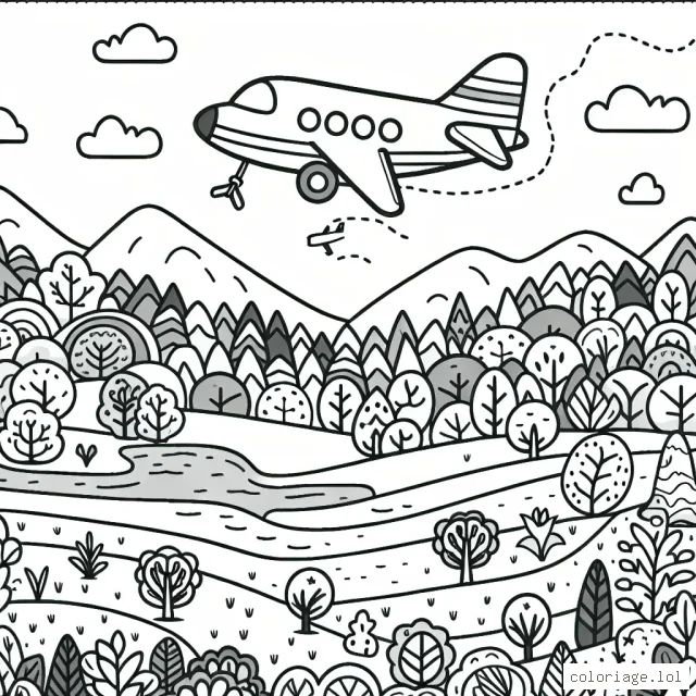 Un avion survole un paysage riche et détaillé