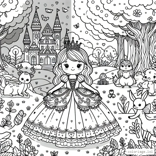 Une petite princesse se promène à travers un jardin enchanté peuplé de créatures majestueuses et d'arbres colorés. Elle possède une jolie robe avec de nombreuses décorations à embellir.