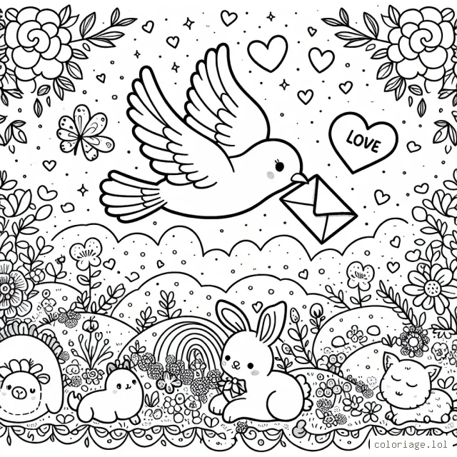 Une colombe transportant une lettre d'amour à travers un jardin enchanté rempli de fleurs aux couleurs éclatantes et d'animaux amicaux.