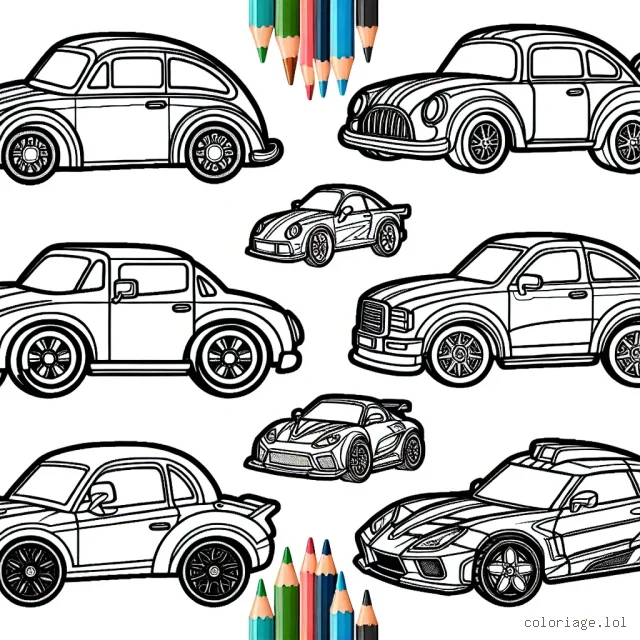 Avec ton crayon de couleur, transforme ces voitures en chefs-d'œuvre. Chaque voiture appartient à une marque différente. Sauras-tu les colorier en fonction de la couleur originale de la marque célèbre ?