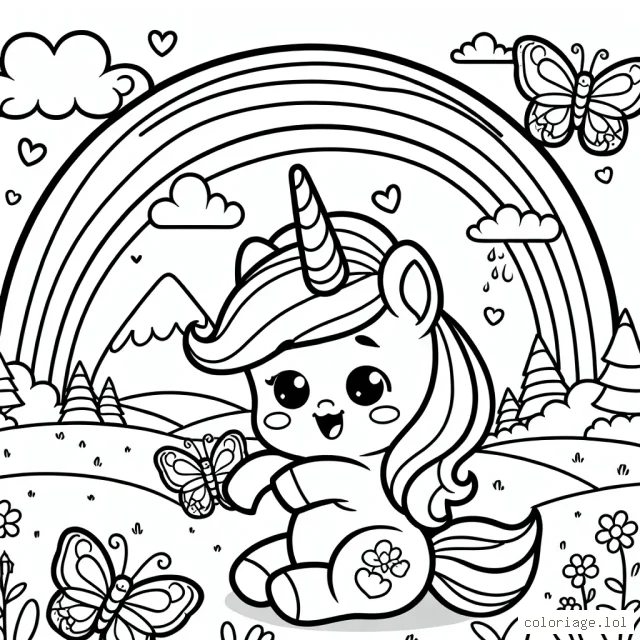 Un joli paysage féerique avec une petite licorne qui joue avec ses amis les papillons près d'un arc-en-ciel.