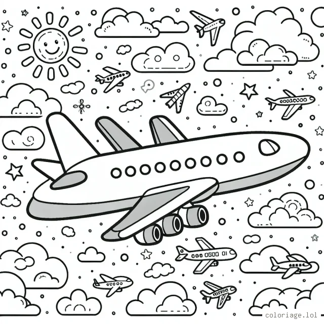 Sur ce dessin, il y a un grand avion qui vole haut dans le ciel pendant la journée. L'avion a des fenêtres sur lesquelles les enfants peuvent peindre les passagers. Il y a aussi un soleil souriant et quelques nuages. Le ciel est rempli d'autres petits avions décoratifs, de différentes tailles et formes pour ajouter de la variété. Les enfants sont encouragés à utiliser des couleurs vives pour donner vie à cette scène aérienne.