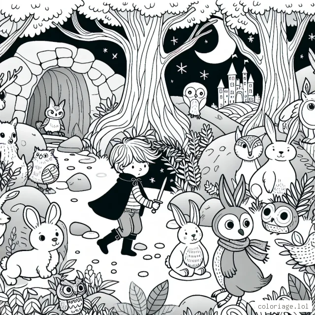 Un petit garçon courageux explorant une forêt magique, rempli d'animaux incroyables et amicaux comme des lapins, des hiboux, des renards et des cerfs avec au fond, un château mystérieux.