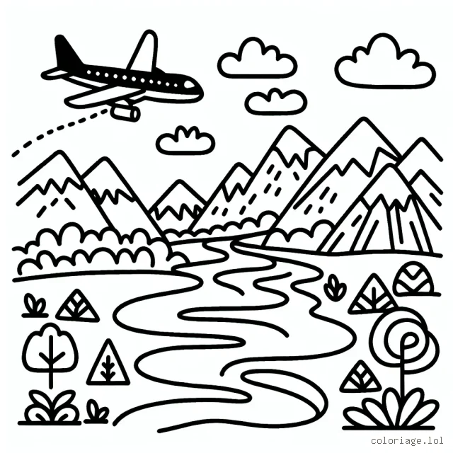 Un avion survolant un paysage avec des montagnes et une rivière sinueuse