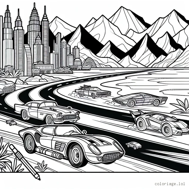 Un paysage dynamique avec des voitures de toutes formes et tailles, y compris des voitures de course, des voitures vintage et des voitures futures fantastiques fantastiques. Les voitures sont en mouvement sur une route sinueuse traversant des montagnes, une plage et une ville animée.