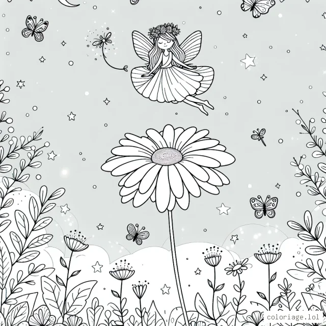 Une fée flottant sur une fleur, entourée de papillons et de lucioles dans un jardin magique