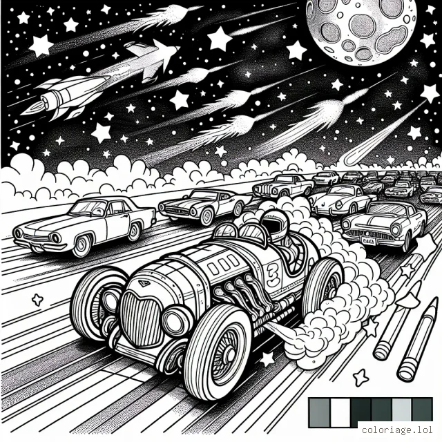Une voiture de course rugissante jaillit de la piste sous un ciel étoilé, poursuivie par une foule de véhicules colorés allant des cabriolets vintage aux futuristes voitures électriques.