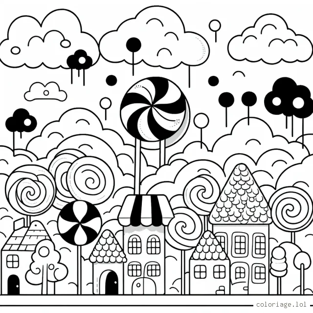 Une ville remplie de bonbons dans le ciel avec des nuages en coton barbe à papa, des maisons en réglisse et des arbres en sucettes.