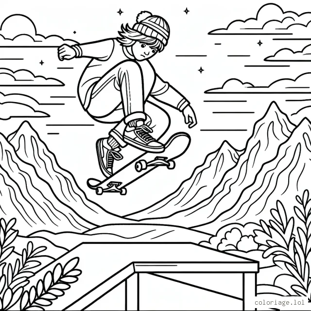 Un skateur professionnel en plein saut au-dessus d'une rampe avec un superbe paysage montagneux en arrière-plan.