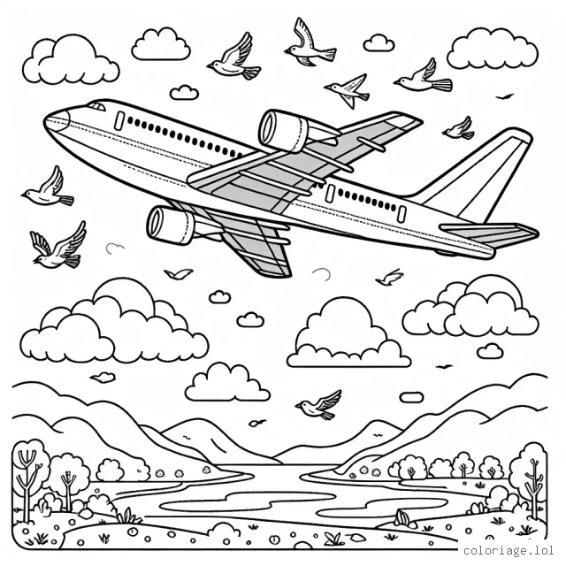 Un avion vole haut dans le ciel dégagé en arrière-plan avec des nuages dispersés. Autour de l'avion, plusieurs oiseaux volent également. En bas, le sol est visible avec des montagnes, arbres et une rivière. Le avion est grand et détaillé, avec des fenêtres, des ailes, des hélices et une queue.