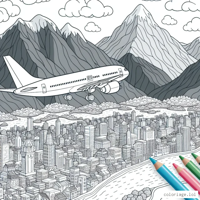 Un avion de ligne survolant la ville et des montagnes