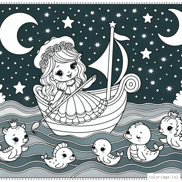 Tu es une jeune princesse qui navigue sur un océan étincelant en compagnie de tes amis les animaux marins. Colorie la scène pour lui donner vie!