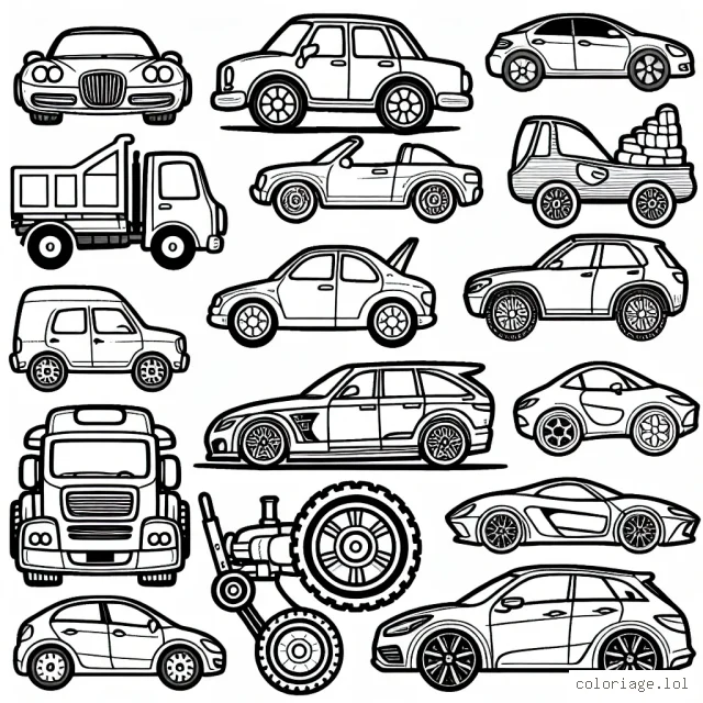 Dessine une variété de voitures différentes en se concentrant sur différentes marques comme BMW, Audi, Mercedes, Ford, etc.