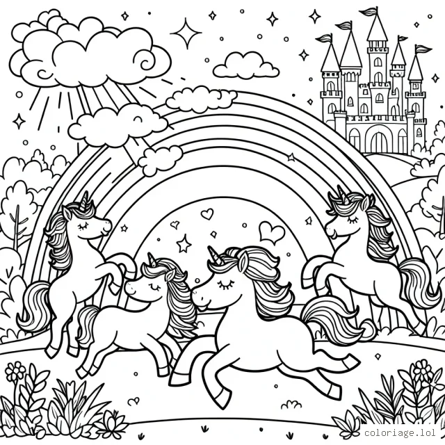 Un groupe de licornes multicolores gambadant joyeusement autour d'un arc-en-ciel et d'un château enchanté lointain