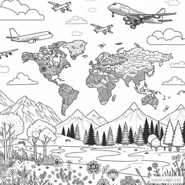 Un escadron d'avions survolant différentes zones géographiques du monde