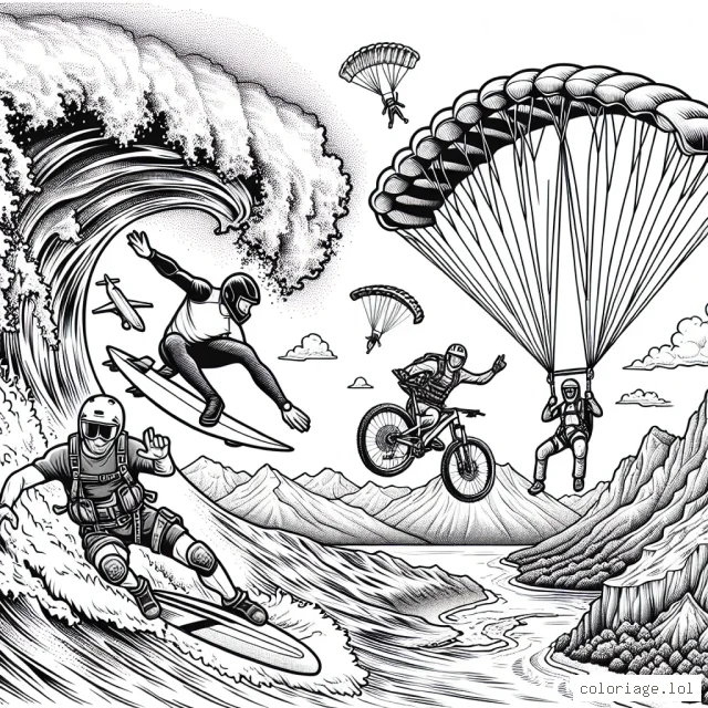 Un athlète effectue des figures spectaculaires sur une planche de surf, alors qu'une vague énorme se dresse derrière lui. Un autre parachutiste descend avec son parachute, alors qu'un alpiniste est sur le point de monter une montagne escarpée. Derrière eux, un vététiste réalise une descente vertigineuse. Tous ces sports sont pratiqués dans un environnement naturel impressionnant.