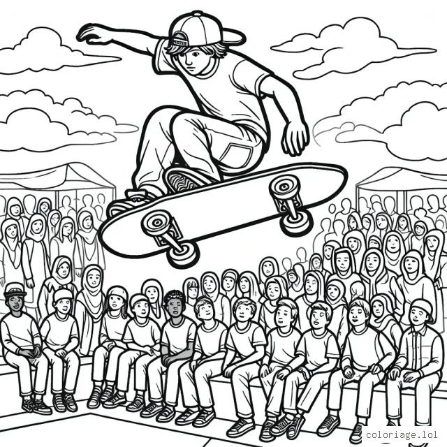 Dessine un adolescent faisant du skateboard sur une rampe à grande vitesse, avec un ciel nuageux comme toile de fond et un parc rempli de gens qui l'observent avec enthousiasme.