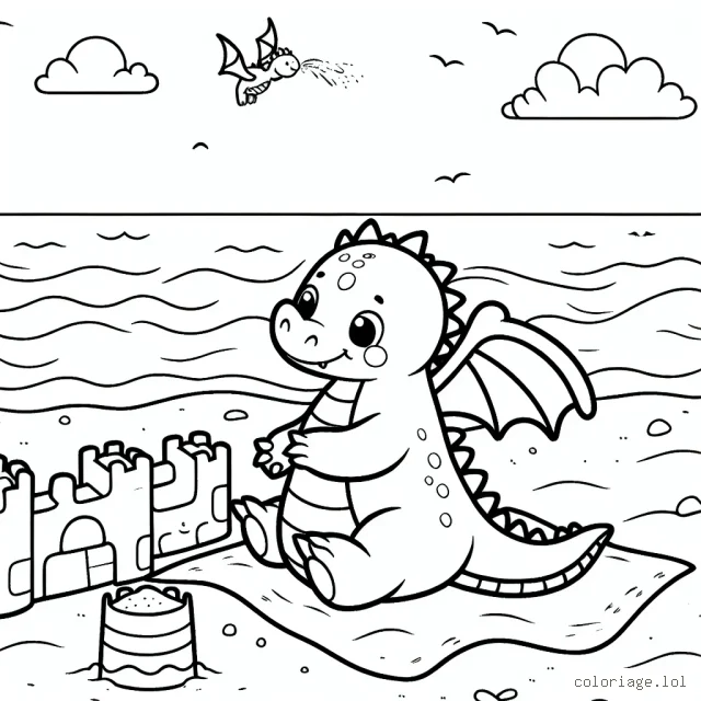 Imaginer et colorer un dragon amical jouant dans un château de sable à la plage