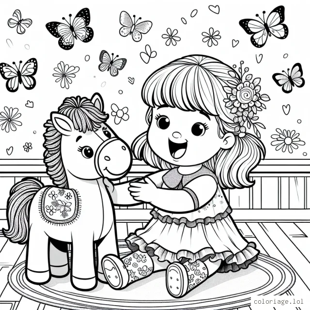 Une petite fille joue avec son jouet préféré, un cheval en peluche, dans une chambre décorée de papillons colorés. Elle porte une robe à volants et des chaussettes aux motifs de fleurs.