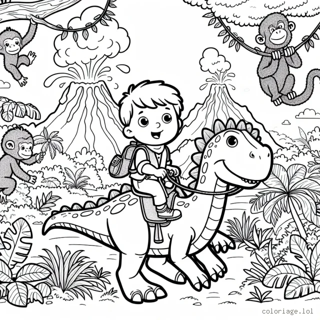 Un petit garçon courageux chevauche son dinosaure préféré à travers une jungle périlleuse, flanqué de ses amis, un singe grimpeur et un oiseau coloré. Des volcans en éruption à l'arrière-plan complètent cette aventure préhistorique.