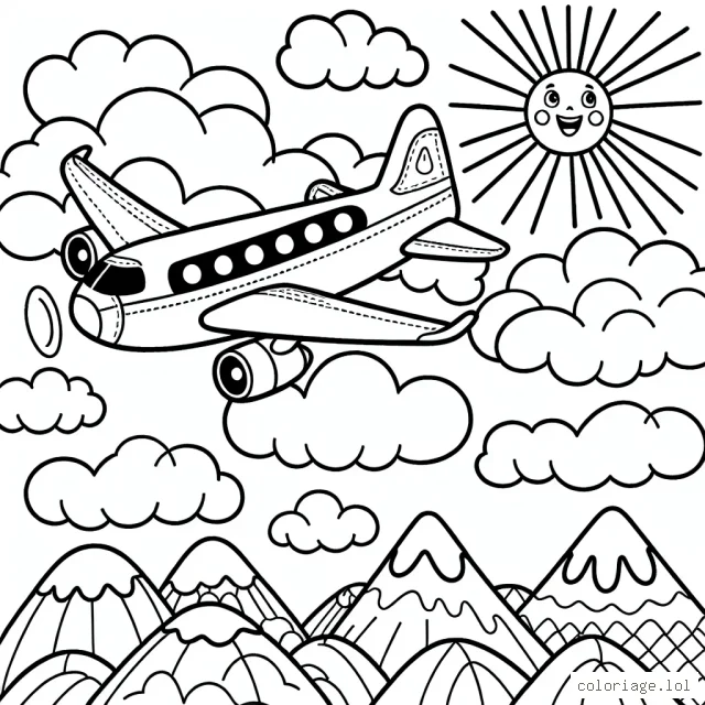 Imaginez un avion volant haut dans le ciel avec des nuages autour. L'avion est grand et détaillé, il y a aussi des montagnes en dessous. L'image est accompagnée d'un soleil souriant dans un coin du ciel.