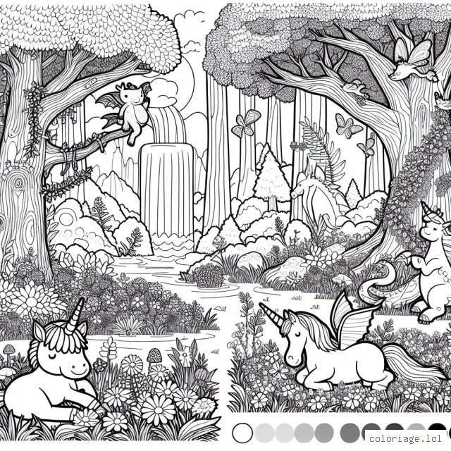 Imagine une grande forêt enchantée peuplée d'animaux fantastiques. Dessine une licorne amicale prenant son déjeuner sur un champ de fleurs, un dragon faisant la sieste sous un arbre imposant, et des fées dansant joyeusement près d'une cascade.