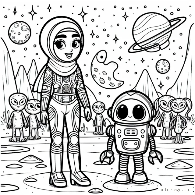 Dessine une scène avec un astronaute et son fidèle robot explorant une planète inconnue avec des aliens sympathiques. Les aliens ont de nombreuses formes et couleurs différentes, tandis que l'astronaute a une combinaison spatiale multicolore et le robot est argenté et lumineux.