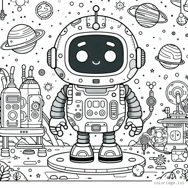 Dessine un superbe robot sympathique doté de divers outils et gadgets en plein milieu d'un univers futuriste et granuleux.