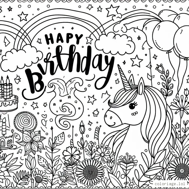 Joyeux anniversaire dans un univers enchanté de licornes et de fleurs