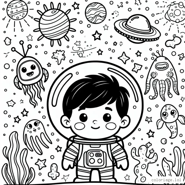 Un petit garçon intrépide vêtu d'une combinaison d'astronaute explore une planète mystérieuse remplie de créatures extraterrestres colorées, de vaisseaux spatiaux et de constellations brillantes.