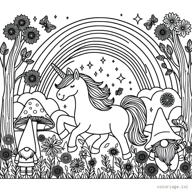 Imaginez une licorne jouant aux côtés de ses amis les lutins dans une forêt enchantée peuplée de fleurs et de champignons colorés. Il y a aussi un arc-en-ciel majestueux qui se déroule à travers le ciel.
