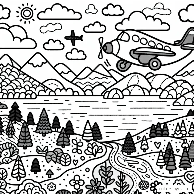 Une illustration montrant un avion volant au-dessus de divers paysages
