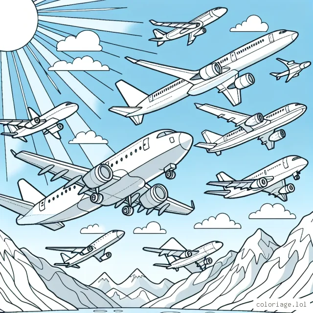 Un groupe d'avions virevolte joyeusement dans le ciel bleu ensoleillé, avec un fond de montagnes enneigées. Les avions ont différents modèles, allant de ceux utilisés pour le transport de passagers aux avions de chasse. Chaque avion a un espace vide pour l'emblème ou le logo pour stimuler la créativité des enfants.
