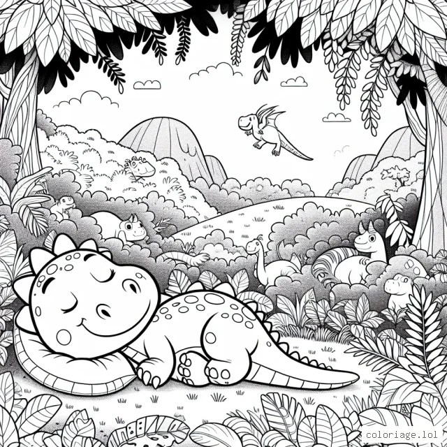 Après une longue journée d'aventures, Billy le dinosaure s'est assoupi paisiblement dans une jungle pleine de couleurs merveilleuses. Des animaux sauvages observent Billy à l'abri derrière les épais buissons. Une scène paisible que la douce lueur de l'après-midi rend encore plus merveilleuse. Comme ils sont beaux, ces moments suspendus où tout semble possible. Nous souhaiterions que vous ajoutiez votre propre touche créative et colorez ce magnifique paysage.