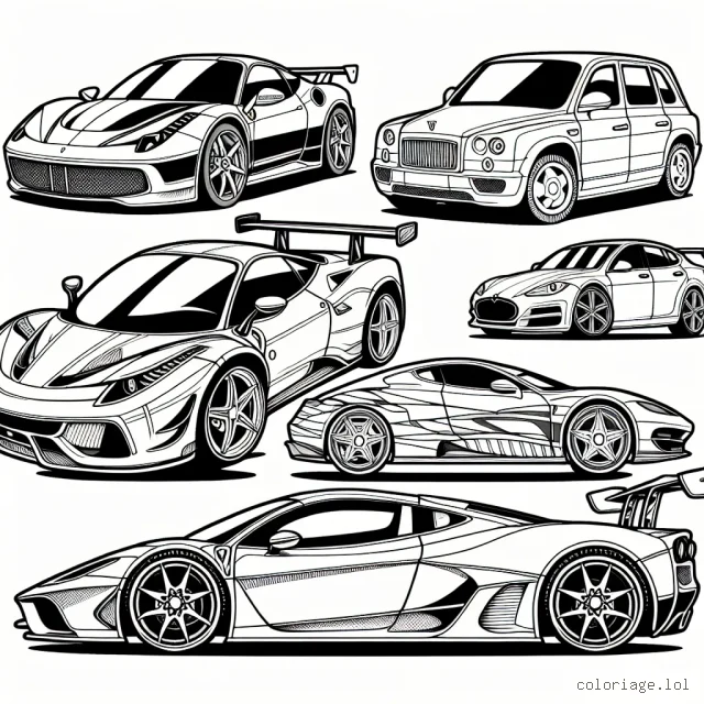 Dessine une galerie de voitures montrant une variété de marques connues comme Ferrari, Audi, BMW et Tesla. Chaque voiture doit être unique, détaillée et reconnaissable par sa forme et son logo de marque.