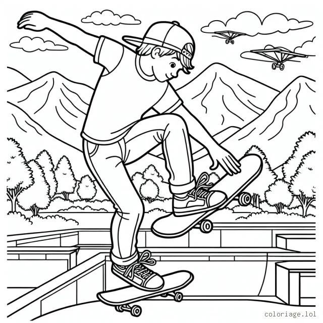 Dessine un skateboarder qui effectue une acrobatie aérienne dans un skatepark, avec un paysage de montagnes en arrière-plan.