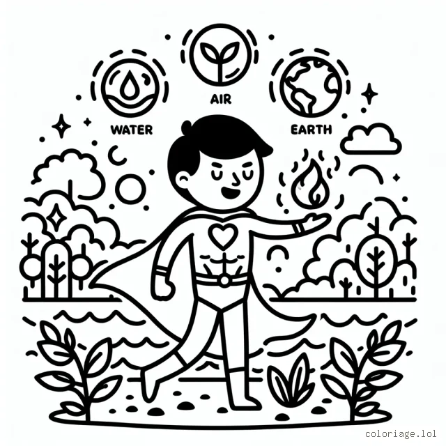 Imagine un super-héros qui combat pour la nature. Il a des pouvoirs liés aux éléments naturels: l'eau, l'air, la terre et le feu. Dessine-le en pleine action dans un environnement sauvage, rappelant l'importance de prendre soin de notre planète.