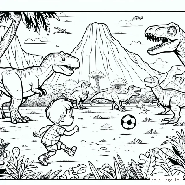 En plein dans une formidable aventure au royaume des dinosaures, un petit garçon courageux tente de reprendre son ballon de football emporté par un vélociraptor. Une montagne volcanique, des arbres géants et d'autres dinosaures peuplent l'arrière-plan.