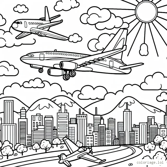 Sur ce dessin, tu peux voir un grand avion de ligne qui survole une belle ville. Il y a aussi un petit avion de chasse qui vole à côté. Au loin, tu peux voir le ciel bleu avec de jolis nuages et le soleil qui brille.