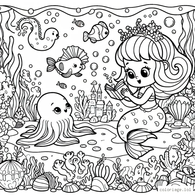 Dessinez une petite sirène jouant avec des créatures marines colorées dans un royaume sous-marin féerique.