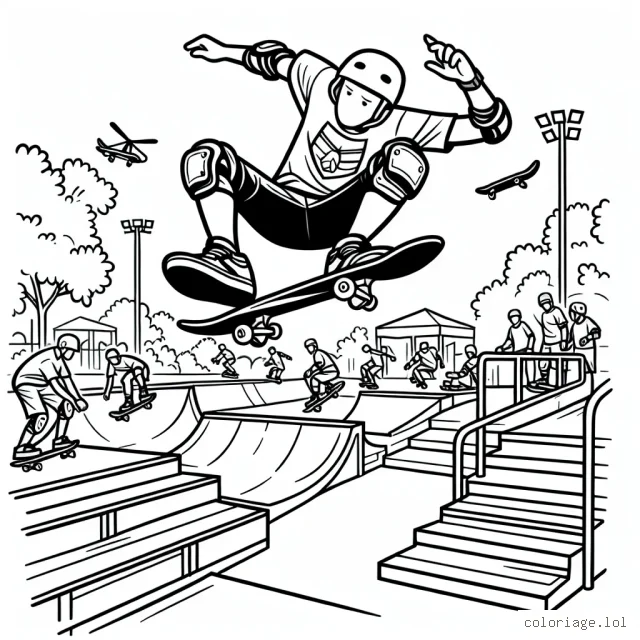 Un skateur professionnel effectuant un flip dans un skatepark très fréquenté, avec de nombreux autres skateurs en arrière-plan effectuant également des figures. Il y a des rampes, des rails et des escaliers dans le parc. Le skateur professionnel porte un casque, des protections de genoux et coudes et porte un t-shirt avec un logo de sport extrême.