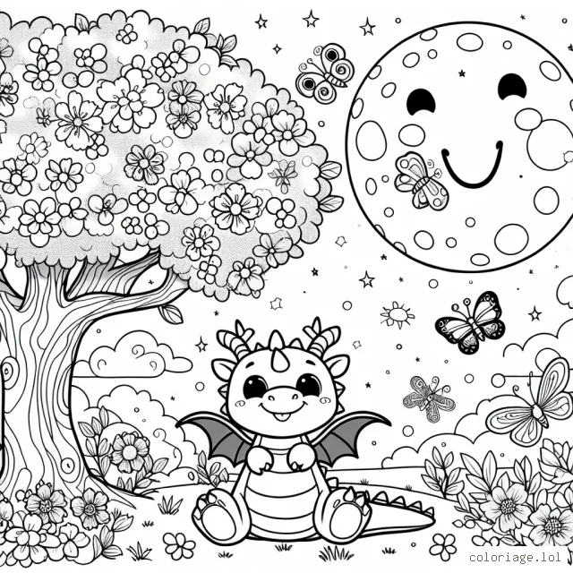 Un joyeux petit dragon amical reposant sous un arbre fruitier fleuri, entouré de papillons colorés et de petits animaux curieux en pleine nature. Le ciel doit être parsemé d'étoiles scintillantes et de nuages doux, avec une grande lune souriante au centre.
