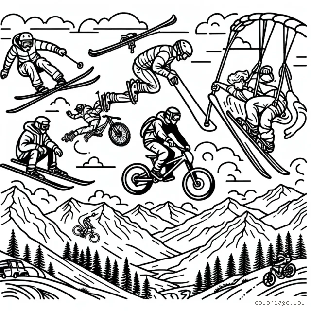 Plonge-toi dans le monde passionnant des sports extrêmes avec cet exercice de coloriage ! Tu verras différentes scènes de saut à ski, de plongée en apnée, de VTT en montagne et de base-jump. Rien de tel que d'ajouter ta propre touche de couleurs vibrantes pour rendre ces activités encore plus excitantes!