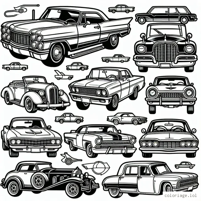 Dessine une variété de modèles de voitures classées par marque