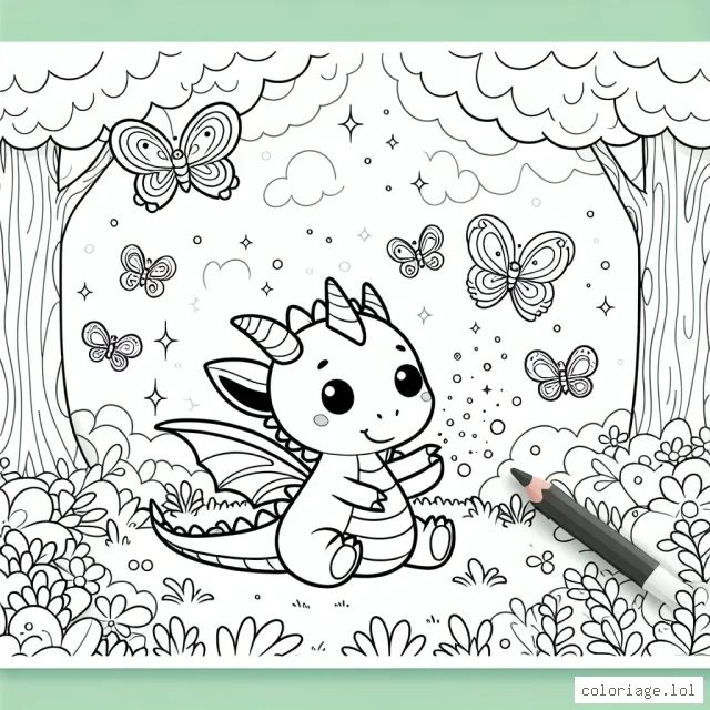 Petit dragon jouant avec des papillons magiques dans la forêt enchantée