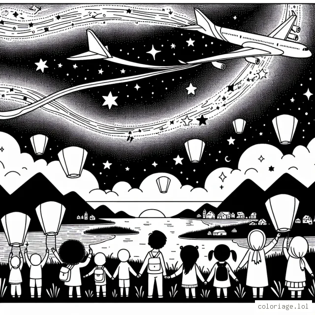 Un avion survolant le ciel étoilé, traverse la Voie lactée. Dessine à sa suite une longue ligne de fumée. Sur terre, on peut voir des montagnes, un lac, un petit village. Des enfants regardent le ciel avec des lanternes en papier à la main.