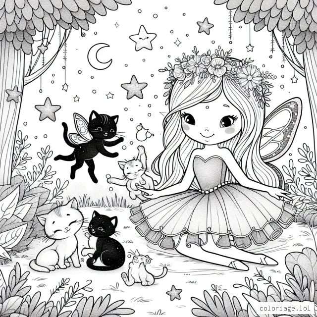 Une fée danseuse étoilée joue avec ses chatons dans une clairière enchantée