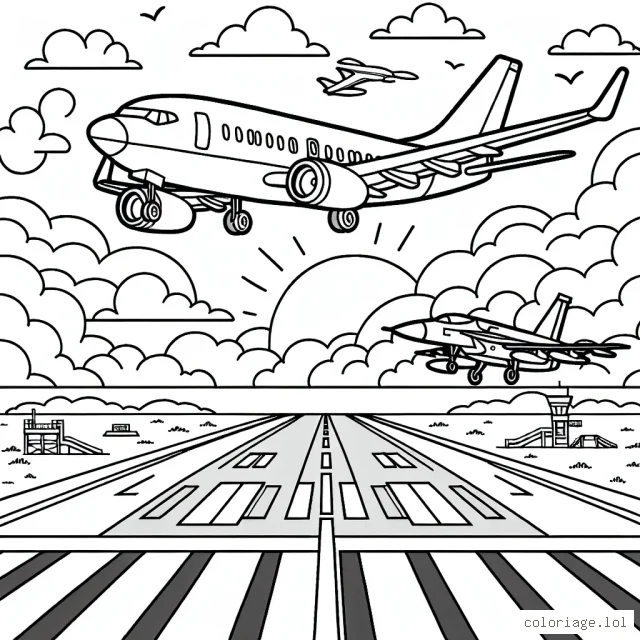 Dessine un avion de ligne en plein vol traversant un ciel rempli de nuages, et un autre avion de chasse se préparant à décoller sur une piste d'aéroport.