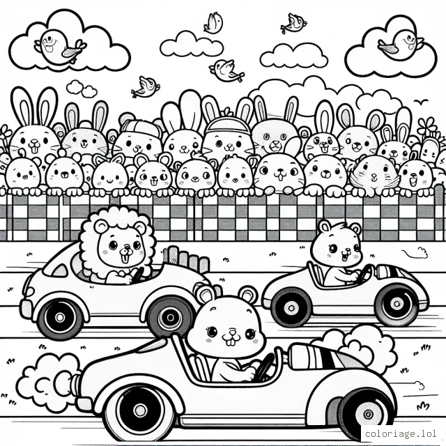 Dans cette scène, les enfants découvriront une activité passionnante d'une course de voitures. Trois voitures sont sur les lignes de départ, leurs conducteurs ne sont autres que de sympathiques animaux : un lion, un ours et un lapin. À l'arrière-plan, dessine une foule d'animaux qui attendent impatiemment que la course commence. Tandis que dans le ciel, quelques oiseaux volent, ajoutant plus de vie à cette course animée!